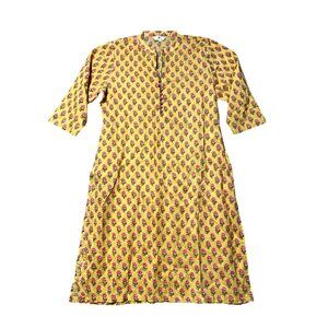 Meesan Womens Sz XL Yellow Floral Print Knee-Length Cotton Kurta With 3/4 Sleeve